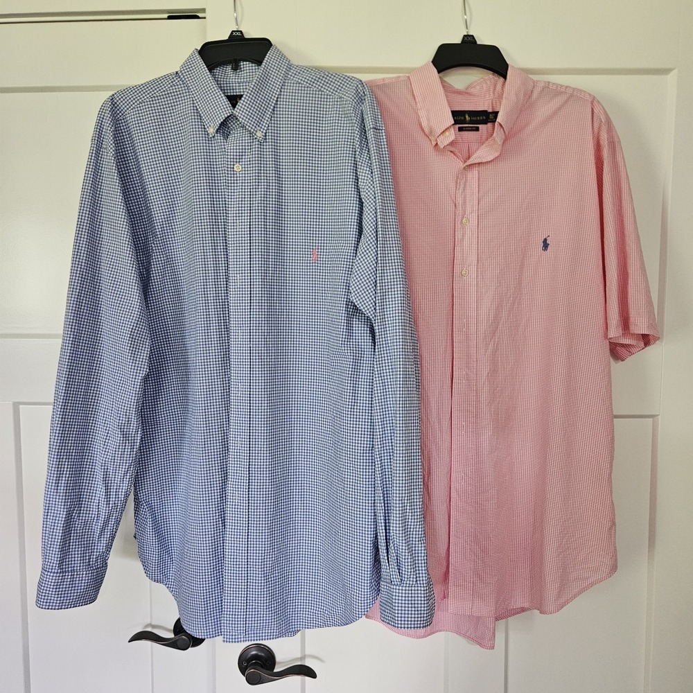 Lot Of 2 Ralph Lauren Shirt Mens XL Tall Pink Blue Gingham Short & Long Sleeve